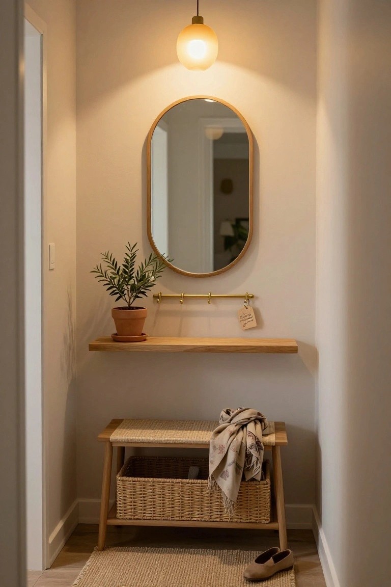Narrow entryway with warm globe pendant light overhead, gold-framed arched mirror on wall, floating wood shelf holding potted plant, rattan bench with woven basket and draped scarf, seagrass rug on floor, and brown shoes nearby.