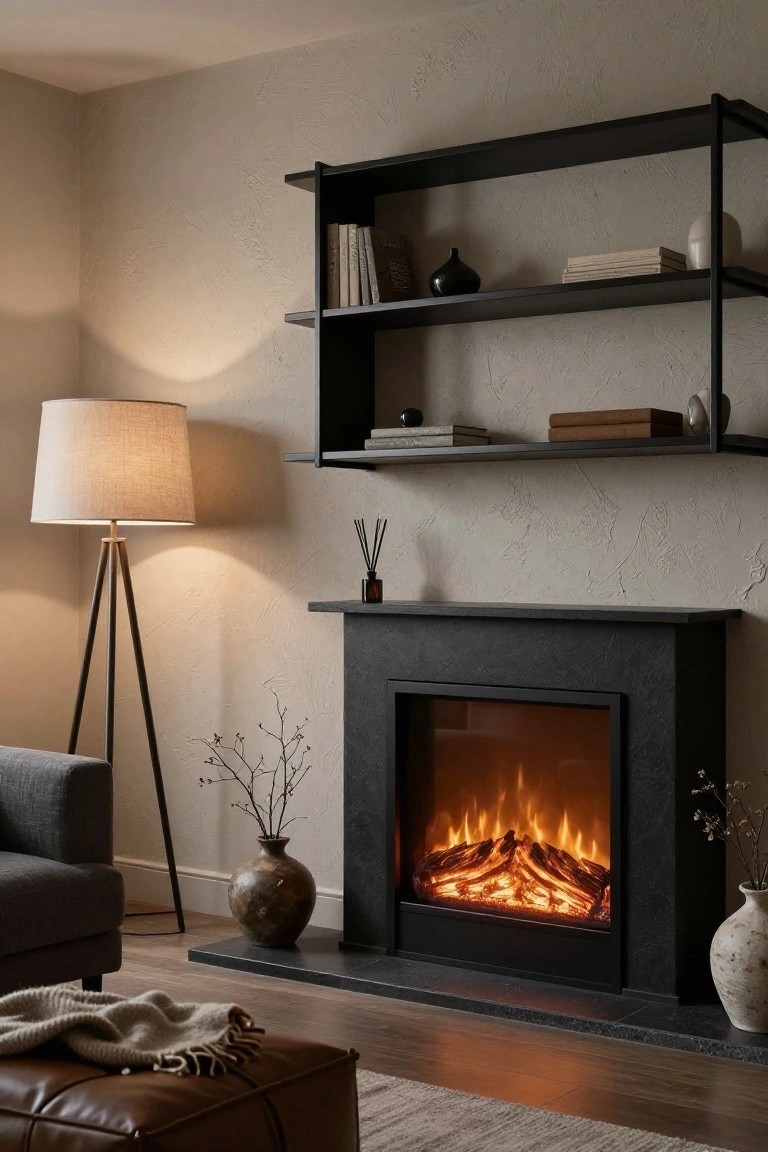 A living room corner with a black stone electric fireplace showing orange flames, lit tripod floor lamp, gray sofa, black wall shelves holding books and ceramics, and a brown leather ottoman on wood flooring.