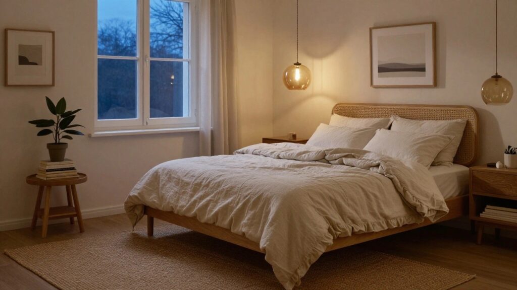21 Warm Lighting Apartment Aesthetic Ideas for Evening Comfort Cozy bedroom with rattan headboard bed draped in white linen sheets and duvet, wooden nightstand holding books and a potted plant, warm amber glass pendant lamp hanging from ceiling, sheer curtains on window, and seagrass rug on wood floor.