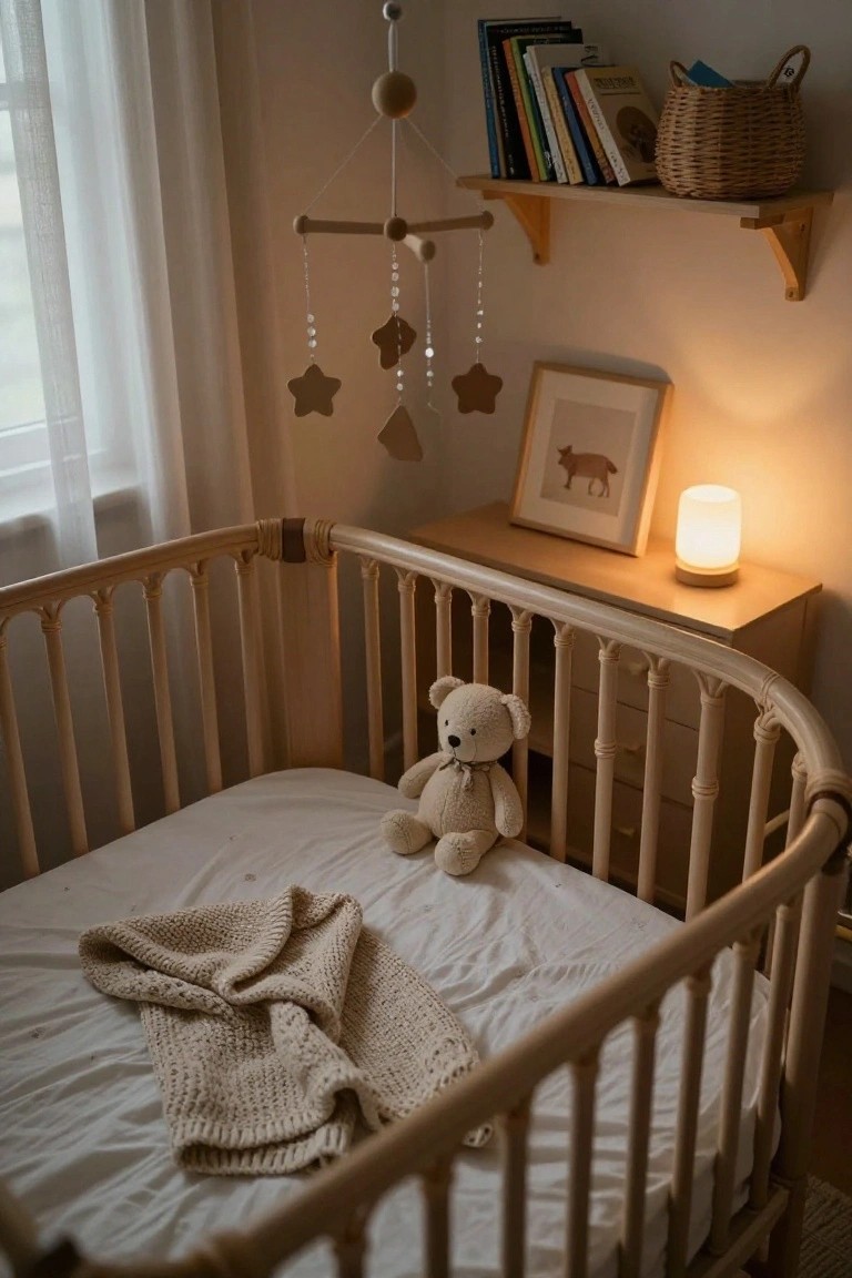 Cozy nursery room with wooden crib holding teddy bear and blanket, hanging wooden star mobile, bookshelves with colorful books and wicker basket, framed animal artwork, wooden dresser, and cylindrical white lamp emitting warm light.