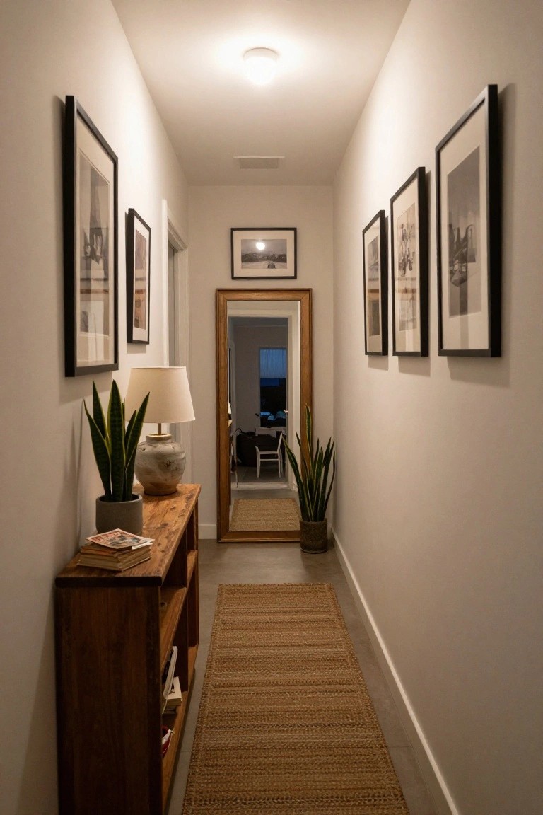 Narrow beige hallway with flush-mount ceiling light, wooden console table topped with lamp, snake plant, and books, seagrass runner on floor, black-framed photos on one wall, and large gold-framed mirror opposite.