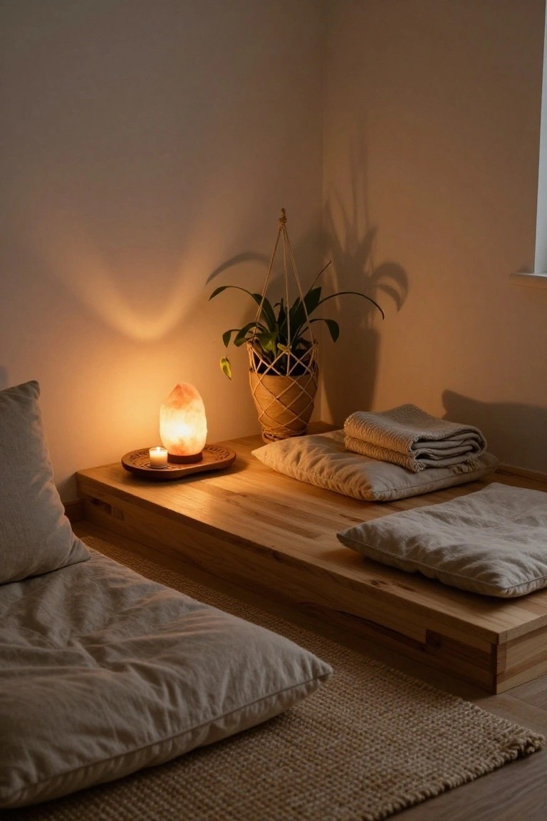 Cozy minimalist bedroom corner with low wooden platform bed covered in beige linens and pillows, lit Himalayan salt lamp on wooden tray with candle beside it, hanging plant in basket, and seagrass rug on wooden floor.