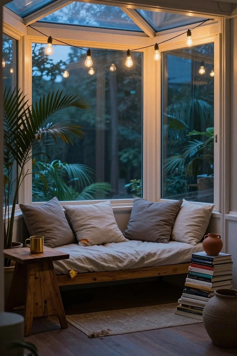 Sunroom interior with large glass walls and ceiling overlooking dark greenery and palms, a wooden daybed with gray and beige pillows, a small wooden side table with a gold mug, stacked books, potted plants, and warm string lights hanging along the windows.