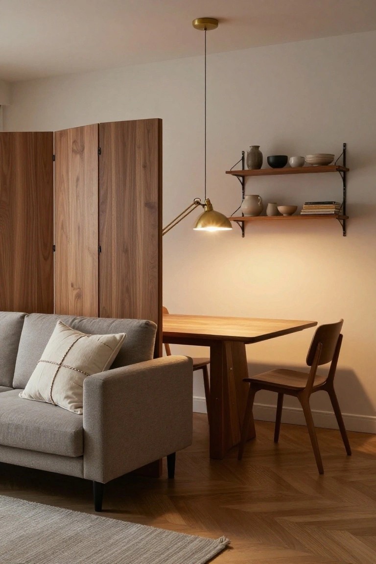 Modern apartment interior with gray sofa, folding walnut screen, oak dining table and chairs, wall-mounted shelves holding pottery and books, brass arc lamp and pendant light, and herringbone parquet floor.