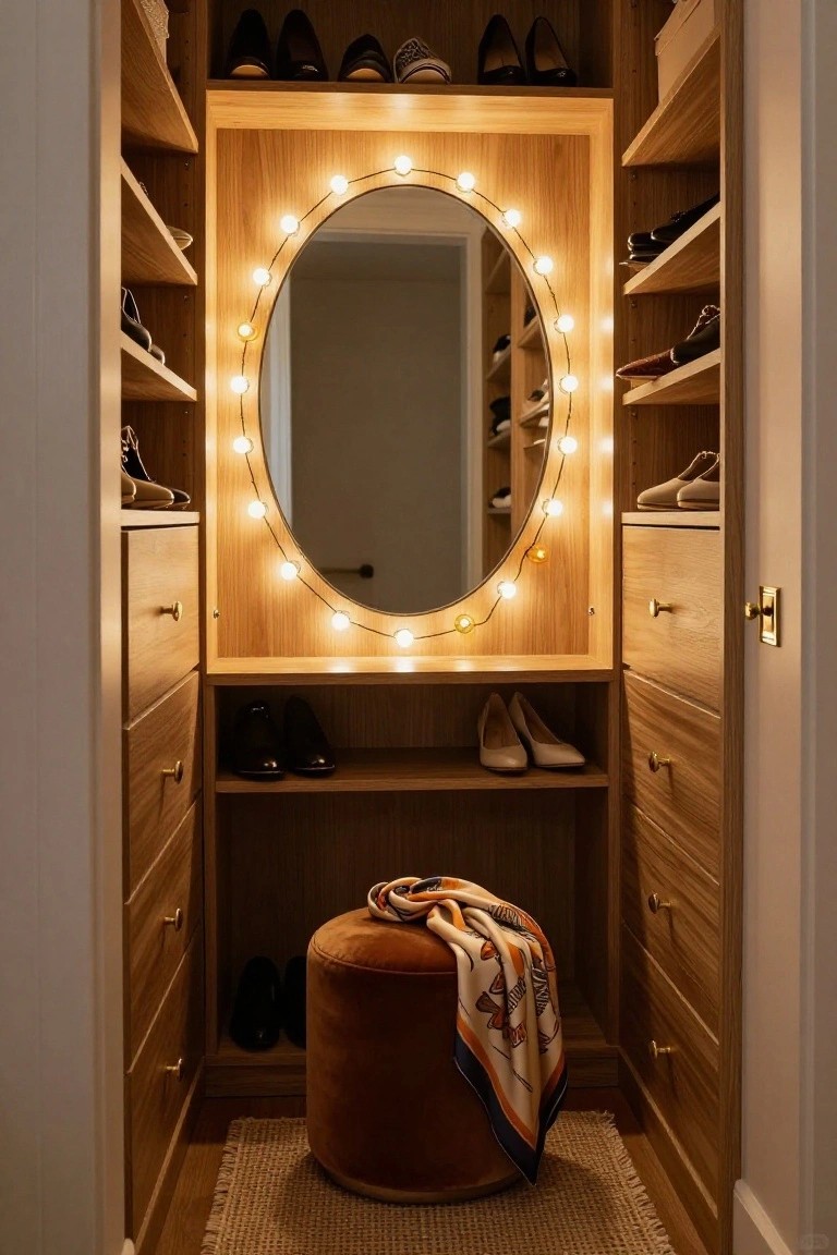 Walk-in closet with oak wood shelves holding shoes and accessories, an oval mirror surrounded by a string of lit bulbs, wooden drawers, and a burnt orange velvet ottoman on a jute rug.