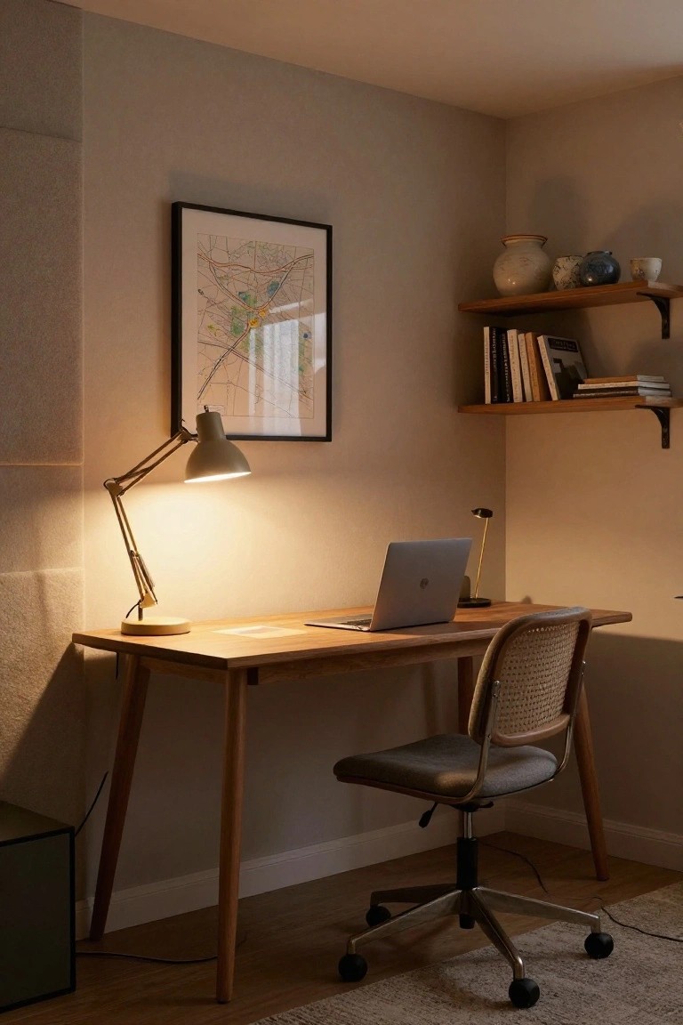 A minimalist home office desk area with an open MacBook laptop, adjustable arch desk lamp casting warm light, wooden desk and chair, bookshelves with ceramics, and a framed map on the beige wall.