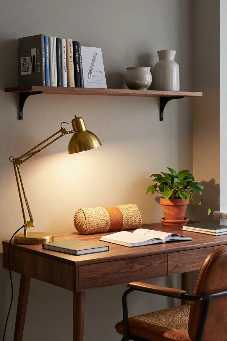 Wooden desk with open book and gold desk lamp casting warm light, potted plant and woven roller nearby, bookshelves with ceramics and vase on wall above in gray room.