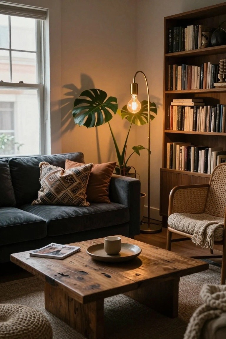 A cozy apartment living room corner with navy sofa and pillows, rustic low wooden coffee table holding a white mug and magazine, tall monstera plant lit by gold arched floor lamp with exposed bulb, wooden bookshelves, rattan chair with throw blanket, and woven pouf on beige rug.
