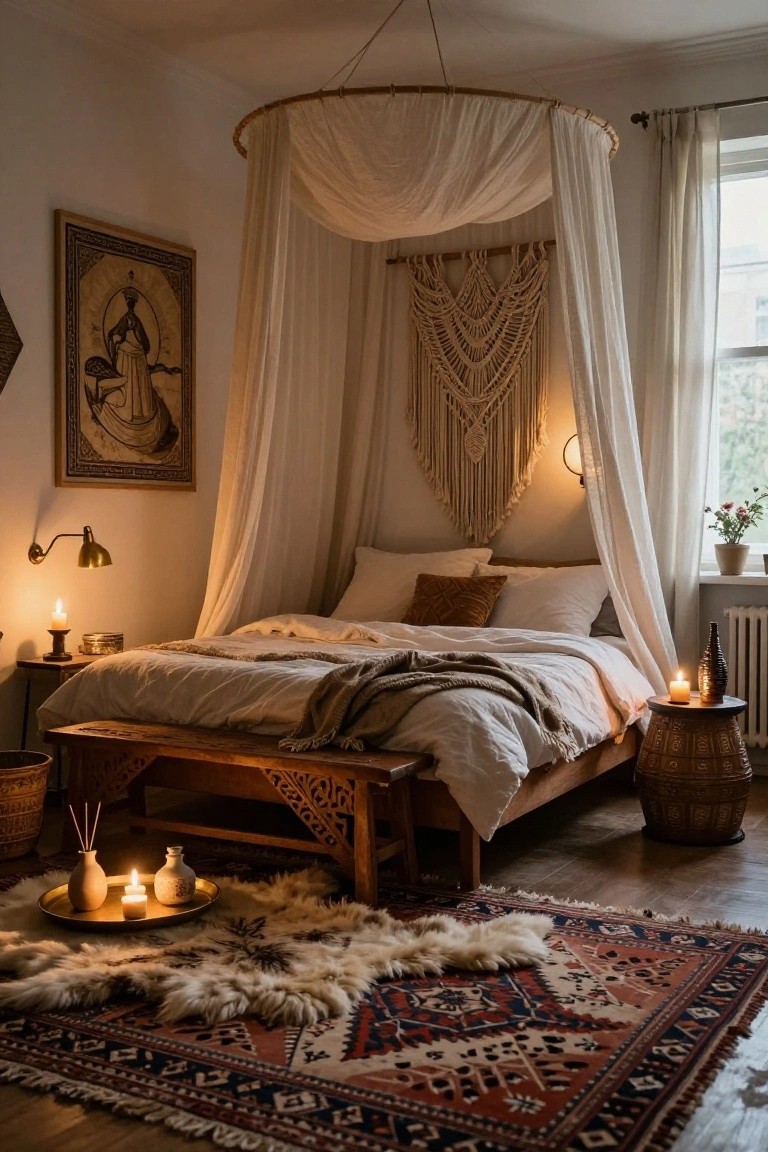 A cozy bedroom corner with a wooden bed under a sheer white canopy draped from a bamboo hoop ceiling mount, flanked by macrame wall hanging, candles on side tables and benches, woven stools, brass lamp, and a sheepskin rug over patterned carpet on hardwood floor.