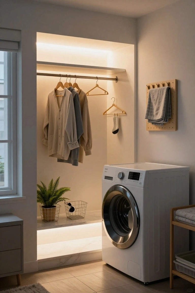 A compact laundry room with a recessed white closet containing hanging beige and gray clothes on wooden hangers, illuminated by warm LED strips at the base, a white front-loading washer nearby, potted ferns, and wooden racks on beige tiled flooring.