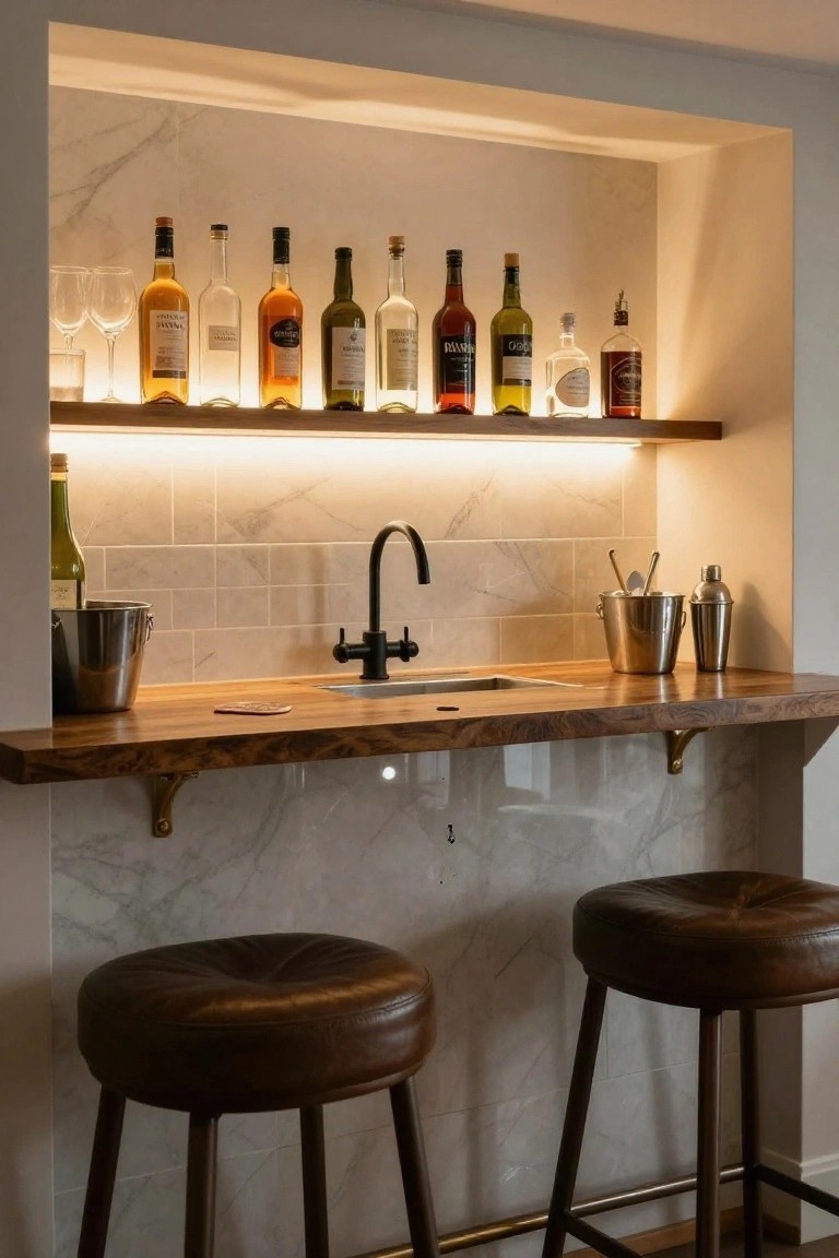 Recessed home bar niche with white marble walls and subway tile backsplash, wooden countertop and upper shelf displaying liquor bottles illuminated by LED strip lighting underneath, black faucet sink, silver ice bucket and shaker, and two brown leather stools.