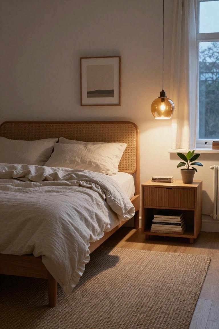 Cozy bedroom with rattan headboard bed draped in white linen sheets and duvet, wooden nightstand holding books and a potted plant, warm amber glass pendant lamp hanging from ceiling, sheer curtains on window, and seagrass rug on wood floor.
