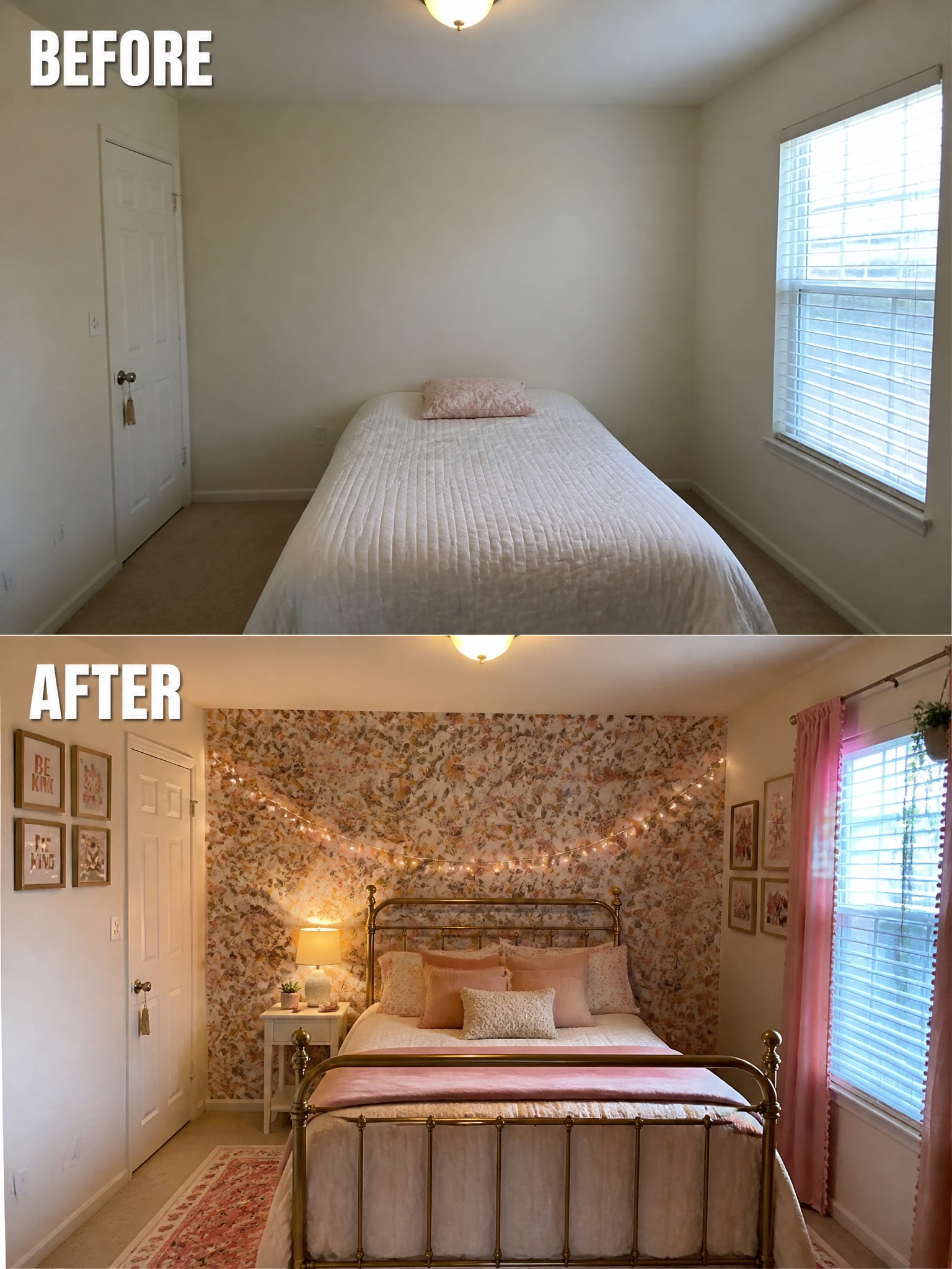 Before-and-after room transformation showing a cozy, decorated bedroom with floral wallpaper and pink accents.
