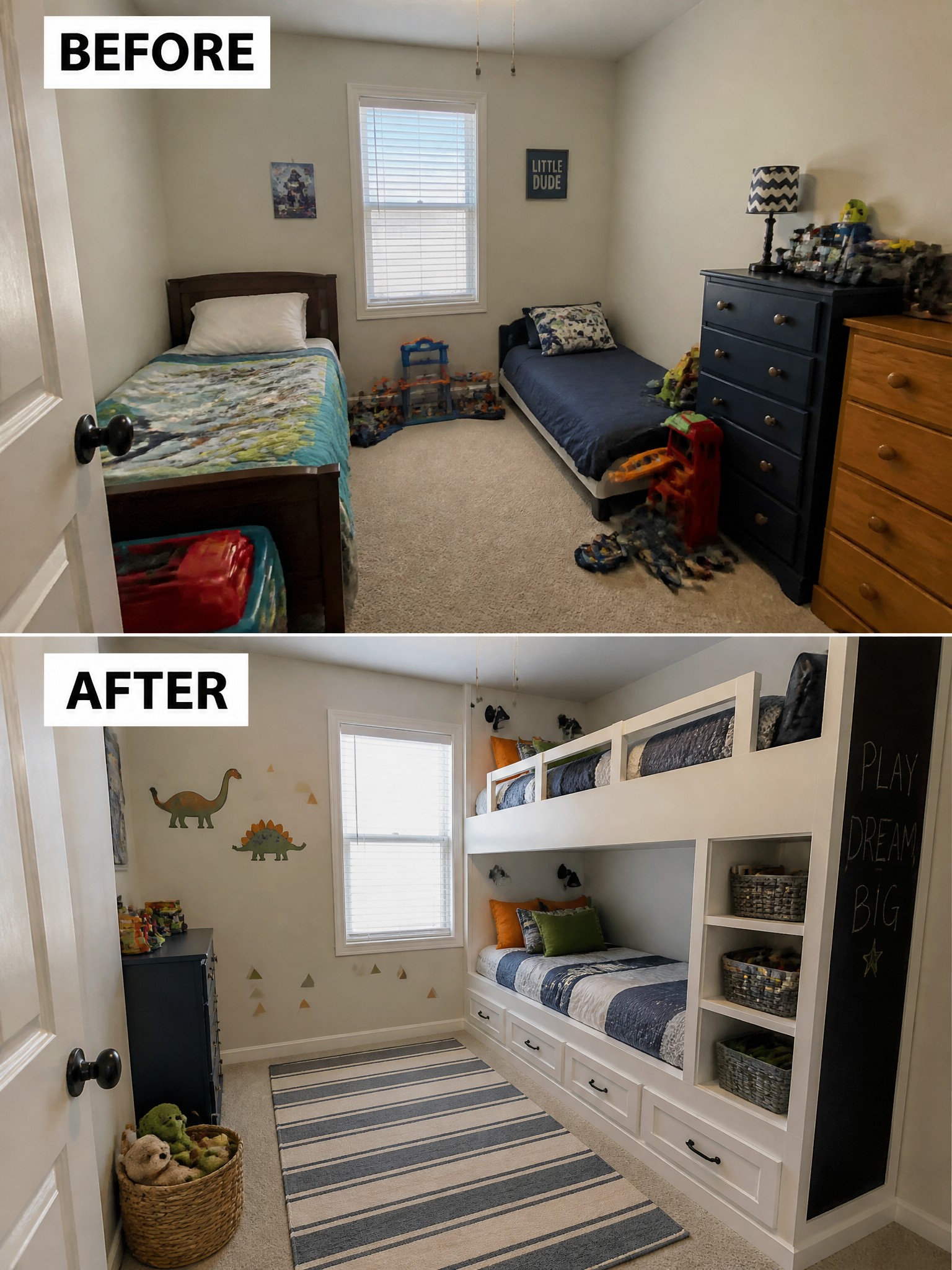 A child's bedroom transformation featuring bunk beds, dinosaur decor, and organized storage solutions.