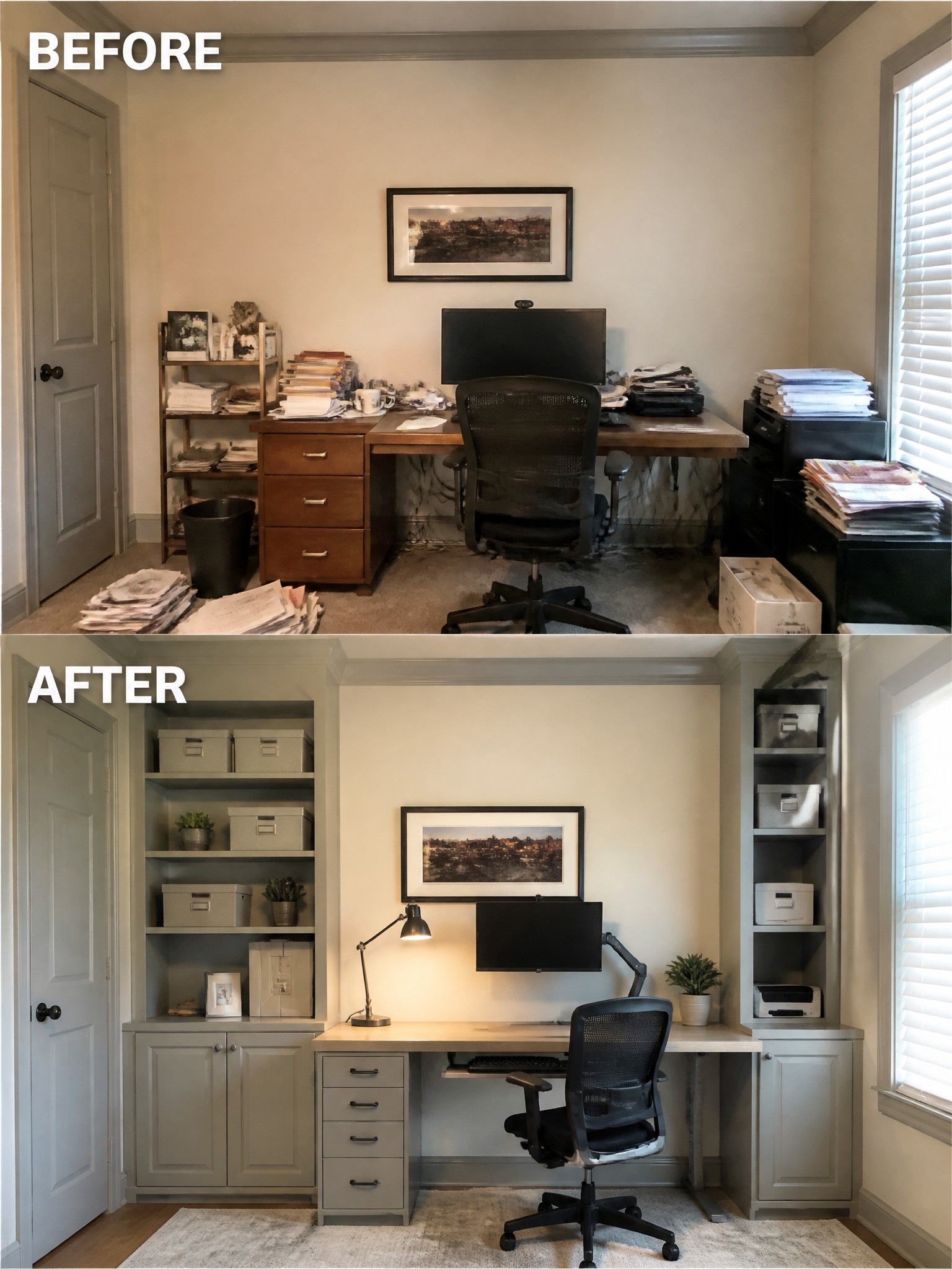 Before-and-after transformation of an office, transitioning from cluttered to organized and sleek.