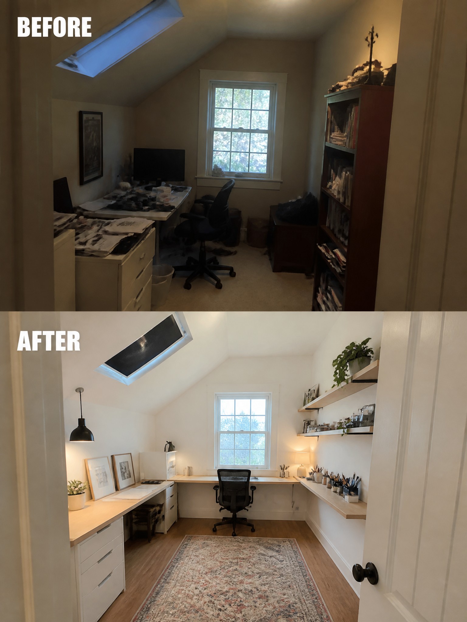 Renovated attic workspace transformed from cluttered to minimalist with a wooden desk and shelving.