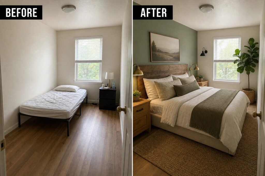 Before-and-after image of a plain bedroom transformed with a wooden headboard, layered bedding, nightstands, lamps, a rug, and a plant.