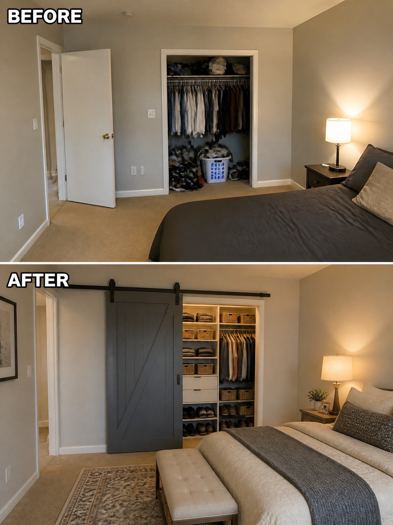 Before and after of a bedroom closet: cluttered versus organized with shelves and baskets.