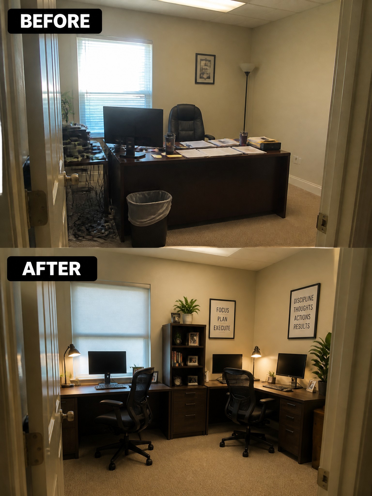 Before and after shots of an office, featuring cluttered desk versus organized workspace with motivational posters.