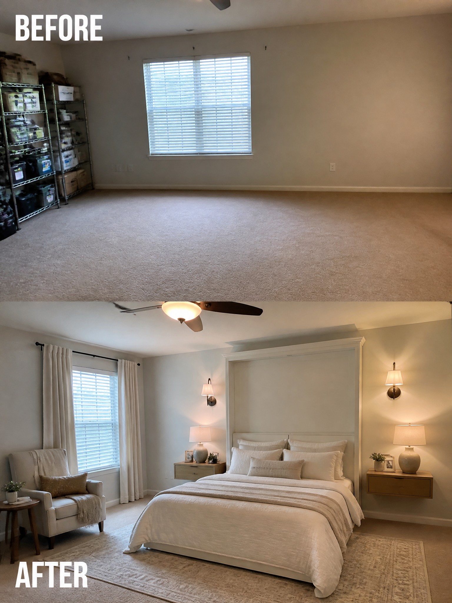Before-and-after image of an empty bedroom with storage shelves changed into a furnished bedroom with a bed, nightstands, lamps, curtains, and a rug.