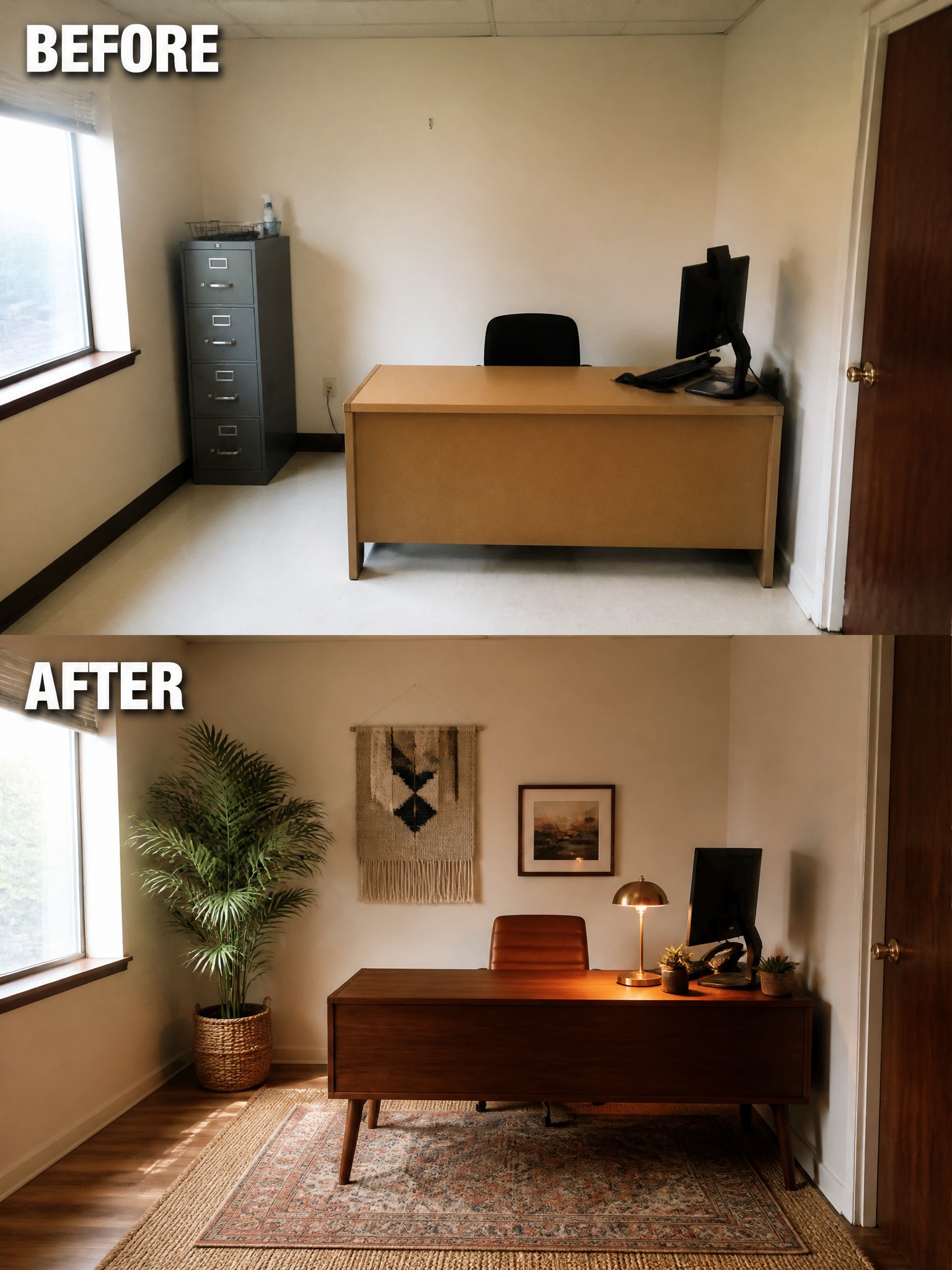 Before and after office transformation featuring minimalist decor, plants, and warm lighting.