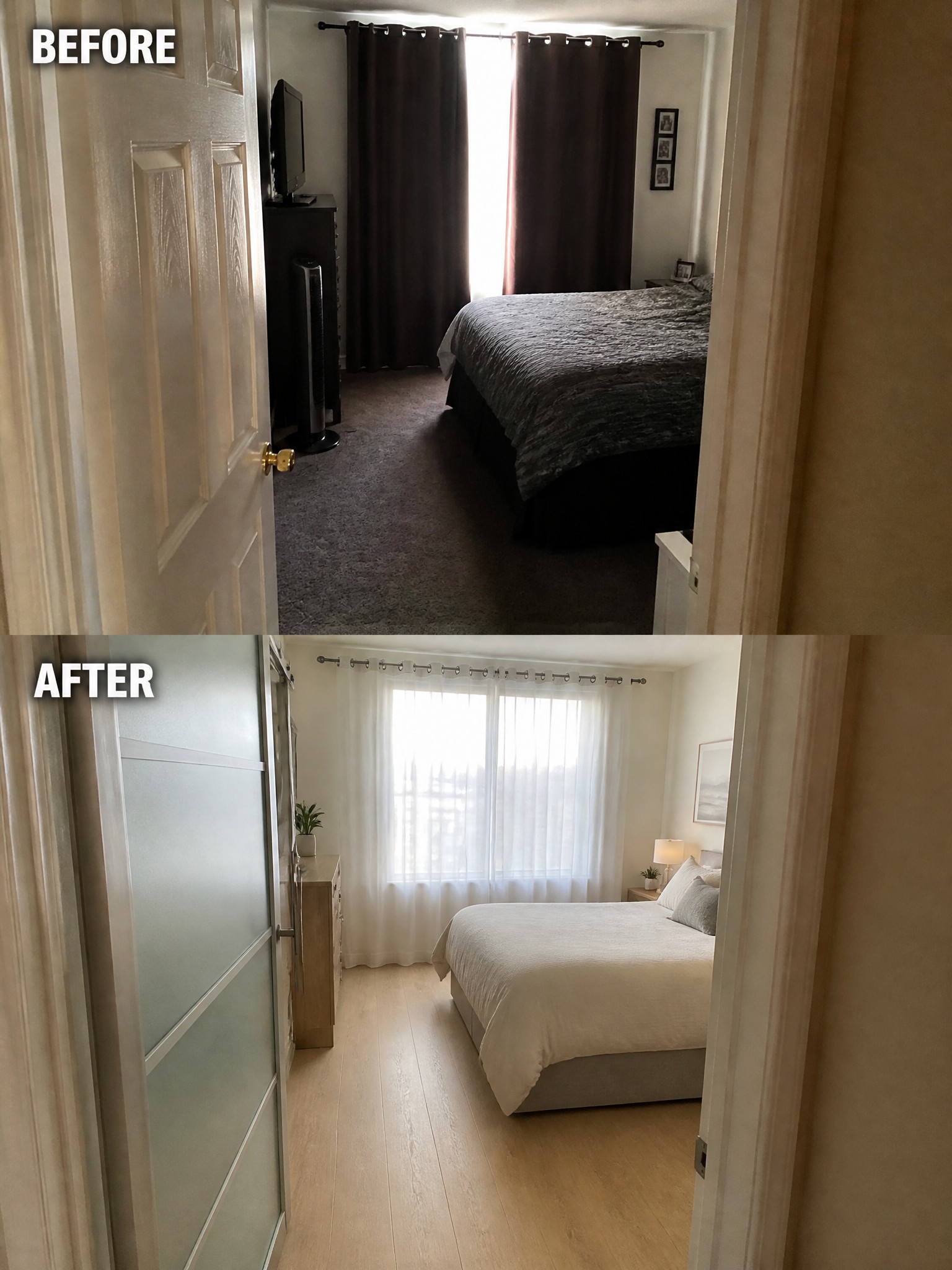 Before-and-after image of a bedroom with heavy dark curtains and carpet changed to sheer white curtains, light bedding, and wood flooring.