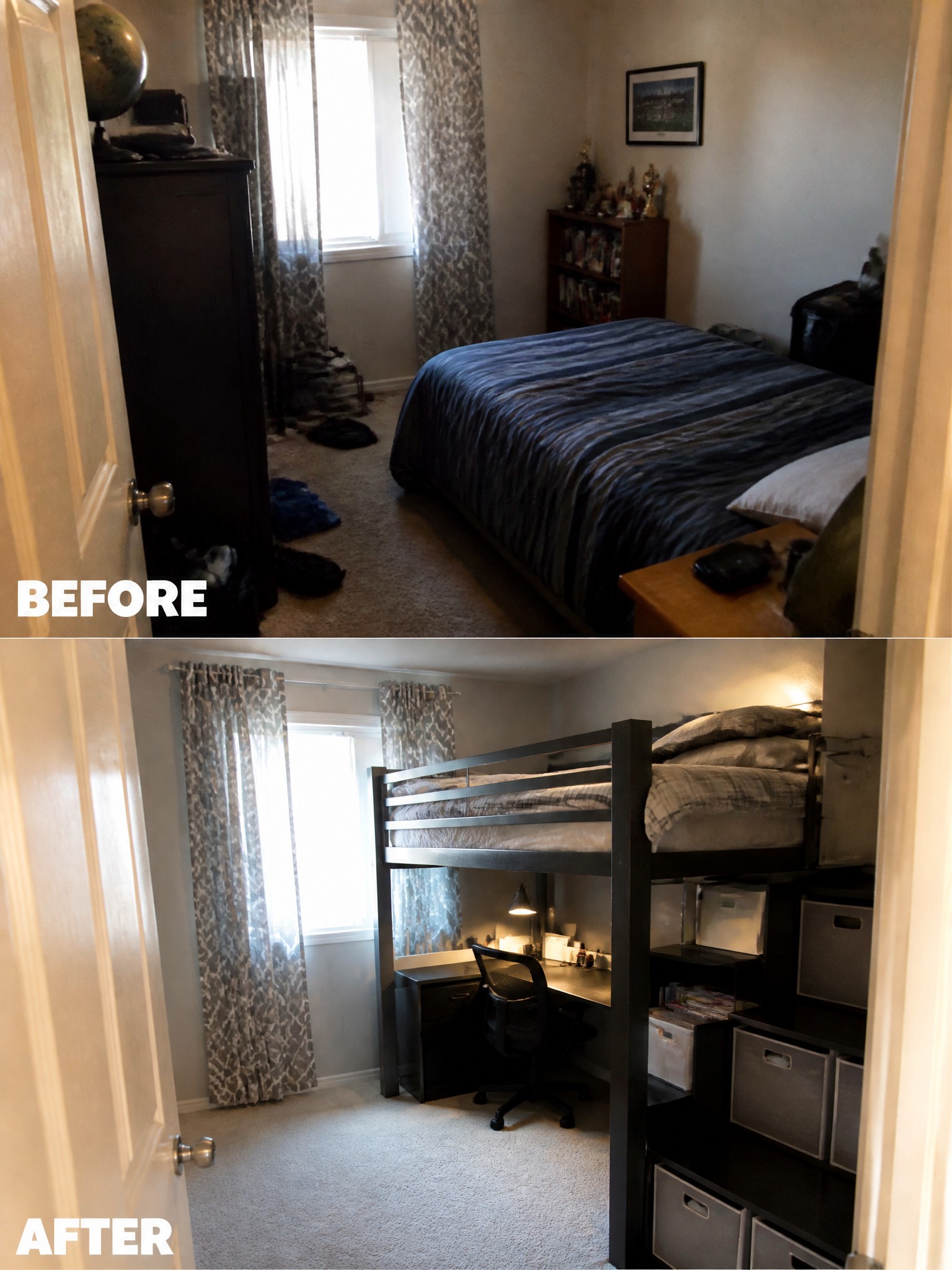 Two room transformations: cluttered bedroom to organized space with a lofted bed and desk.