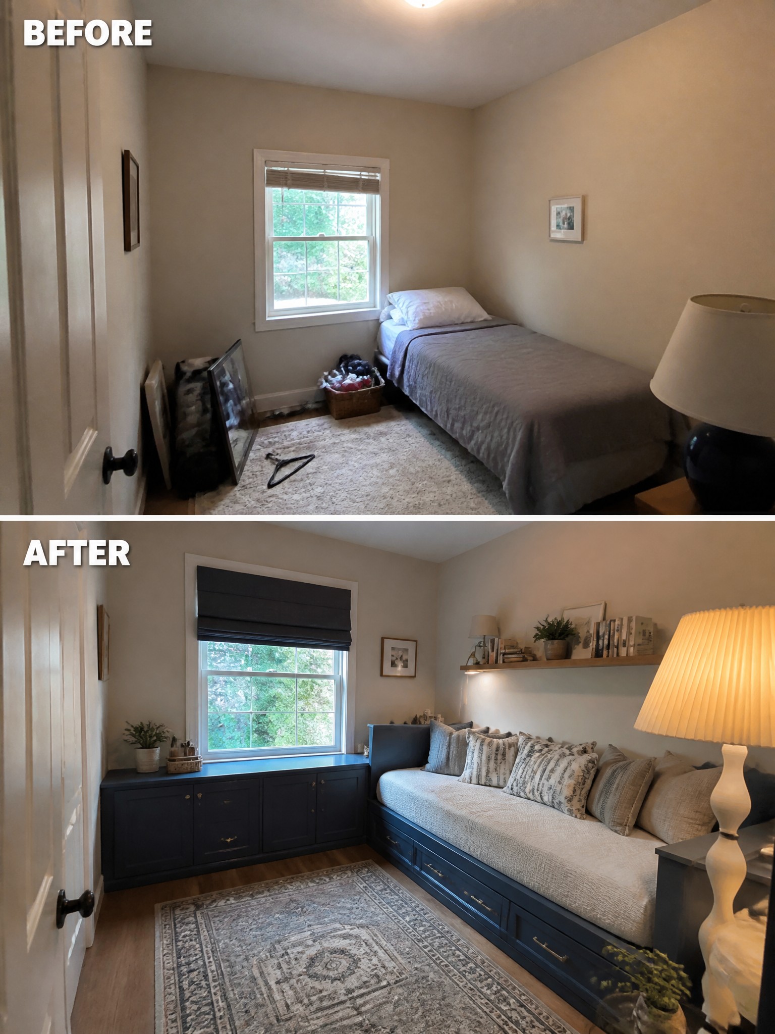 A transformed bedroom featuring a navy blue daybed, stylish decor, and warm lighting.