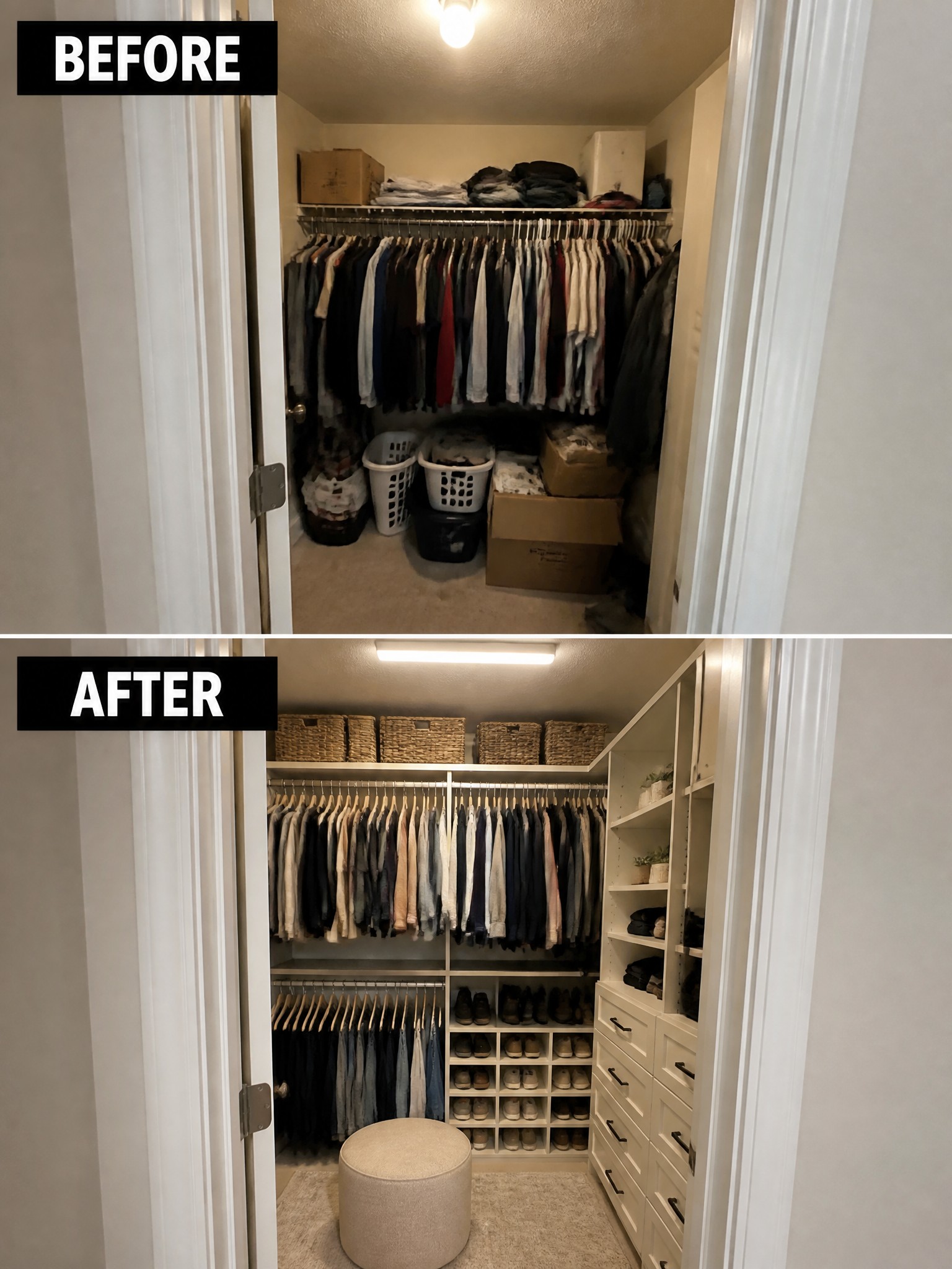 Before and after closet organization, featuring neatly hung clothes, storage baskets, and shoes.