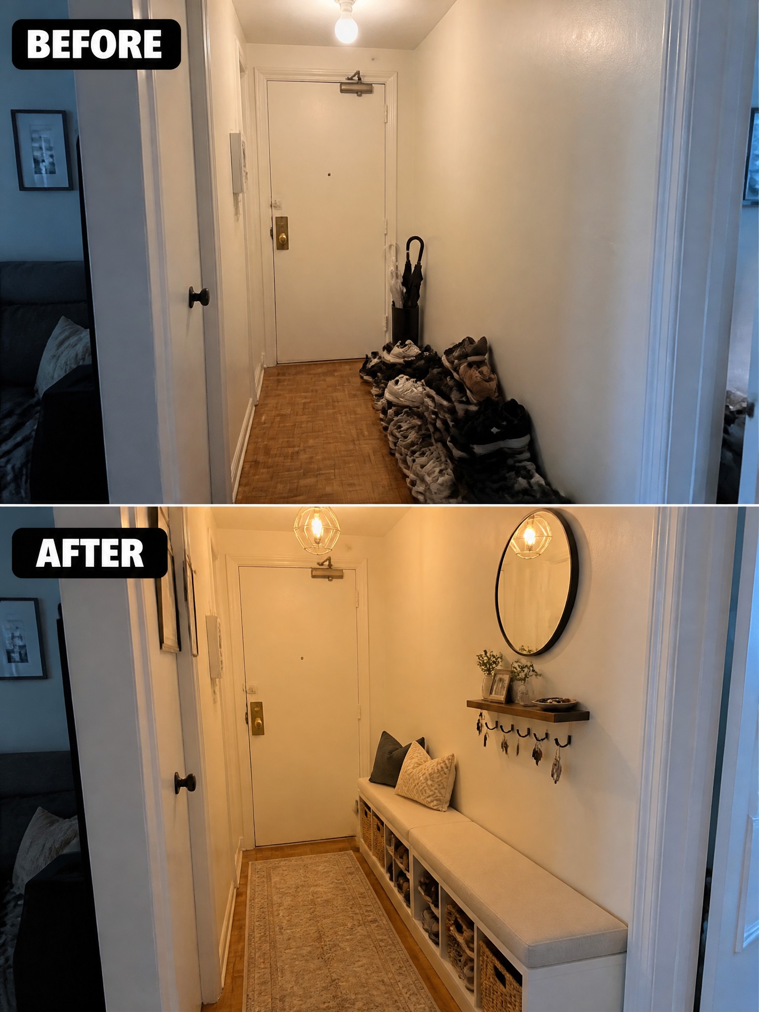 Before-and-after image of a narrow hallway with a messy pile of shoes transformed by a long storage bench with cubbies, a cushioned seat, and a wall shelf with hooks.