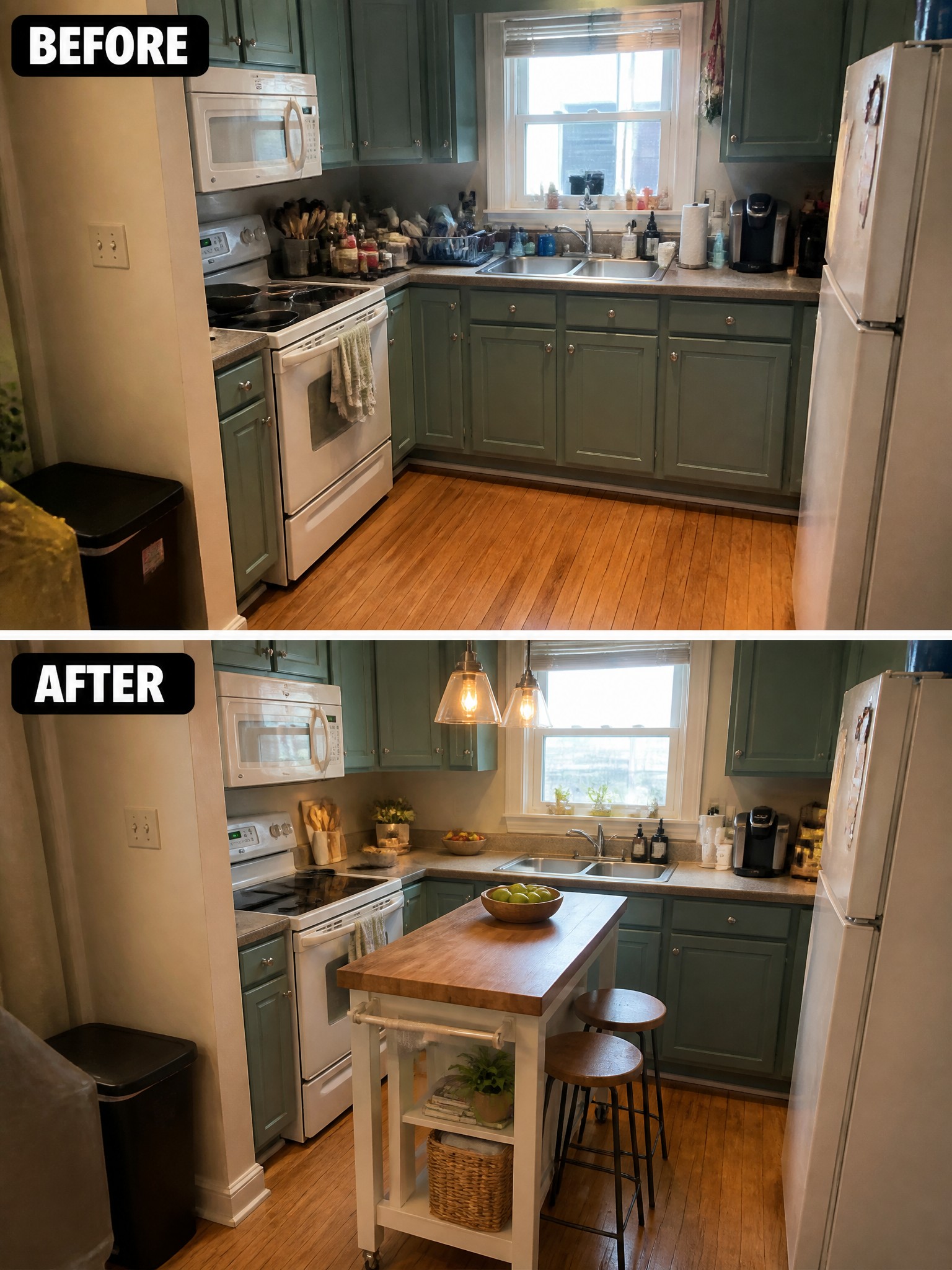 Before-and-after image of a small kitchen showing the addition of a central island with stools and pendant lights.