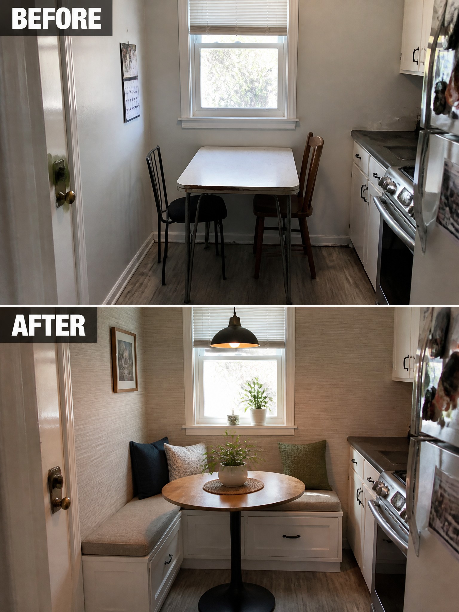 Before-and-after kitchen renovation featuring a simple table, upgraded to a cozy booth and round table.