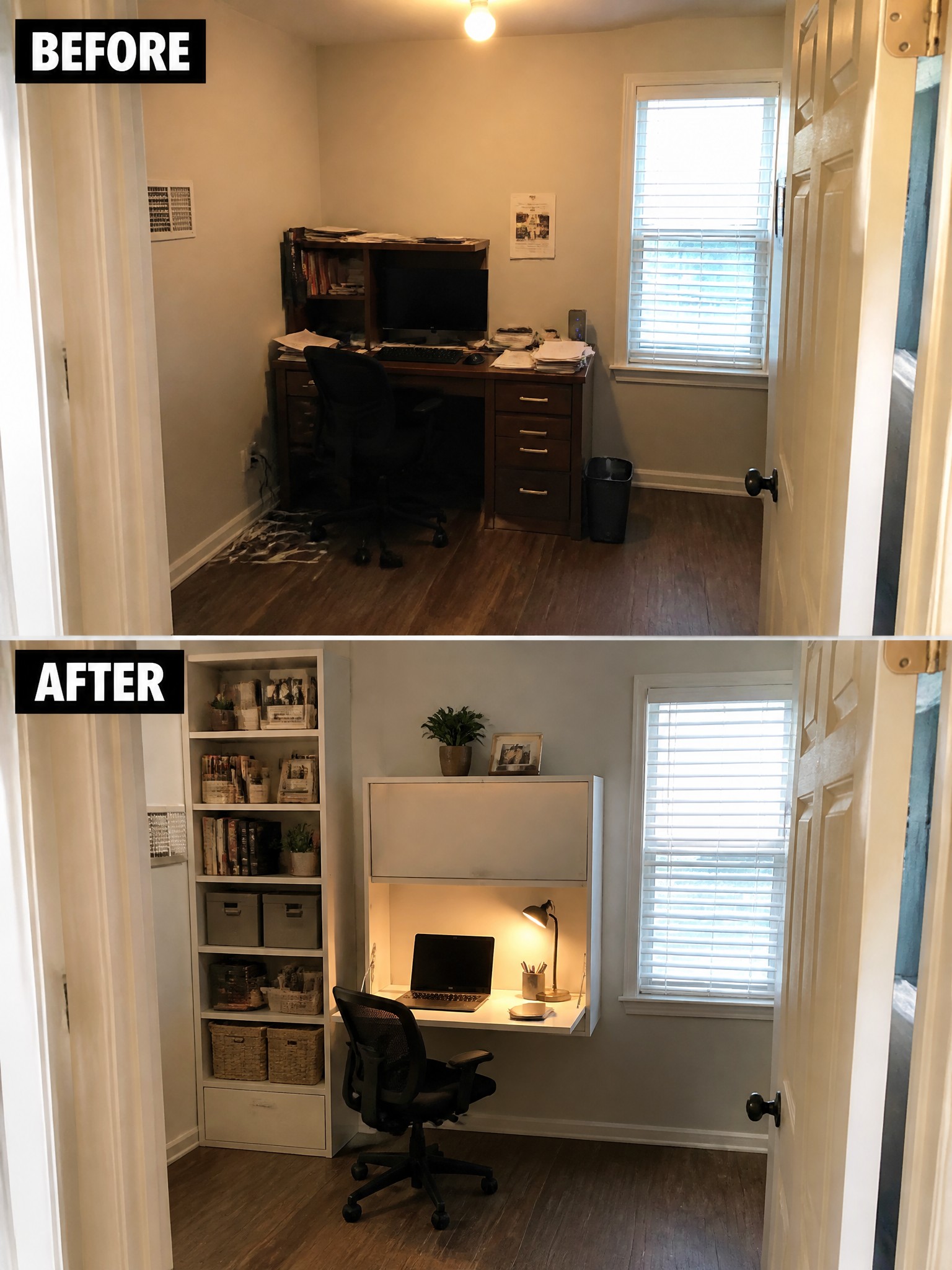 Before-and-after image of a cluttered home office with a large wooden desk changed into a compact workspace with wall-mounted storage and built-in shelving.