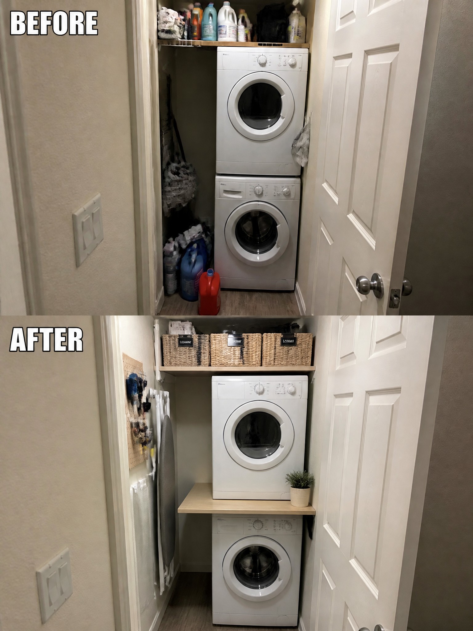 Before-and-after image of a cluttered laundry closet reorganized with added upper shelving, labeled baskets, and a raised platform for the stacked washer and dryer.