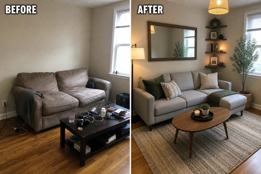 22 Beautiful Small Room Before and After Ideas That Make Every Corner Count Before-and-after image of a living room updated with a rug, new sofa, pendant light, wall shelves, and a mirror.