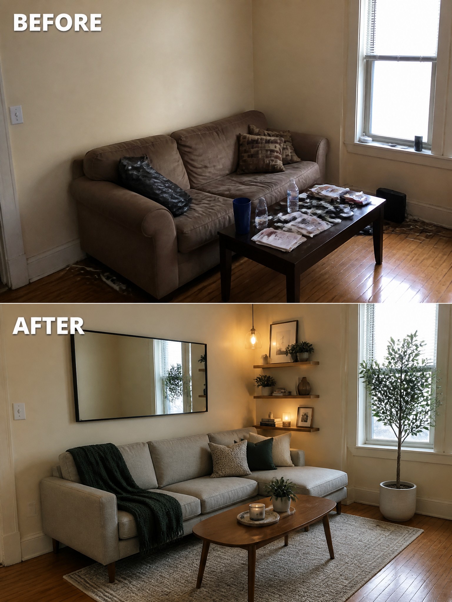Before-and-after image of a living room updated with a rug, new sofa, pendant light, wall shelves, and a mirror.