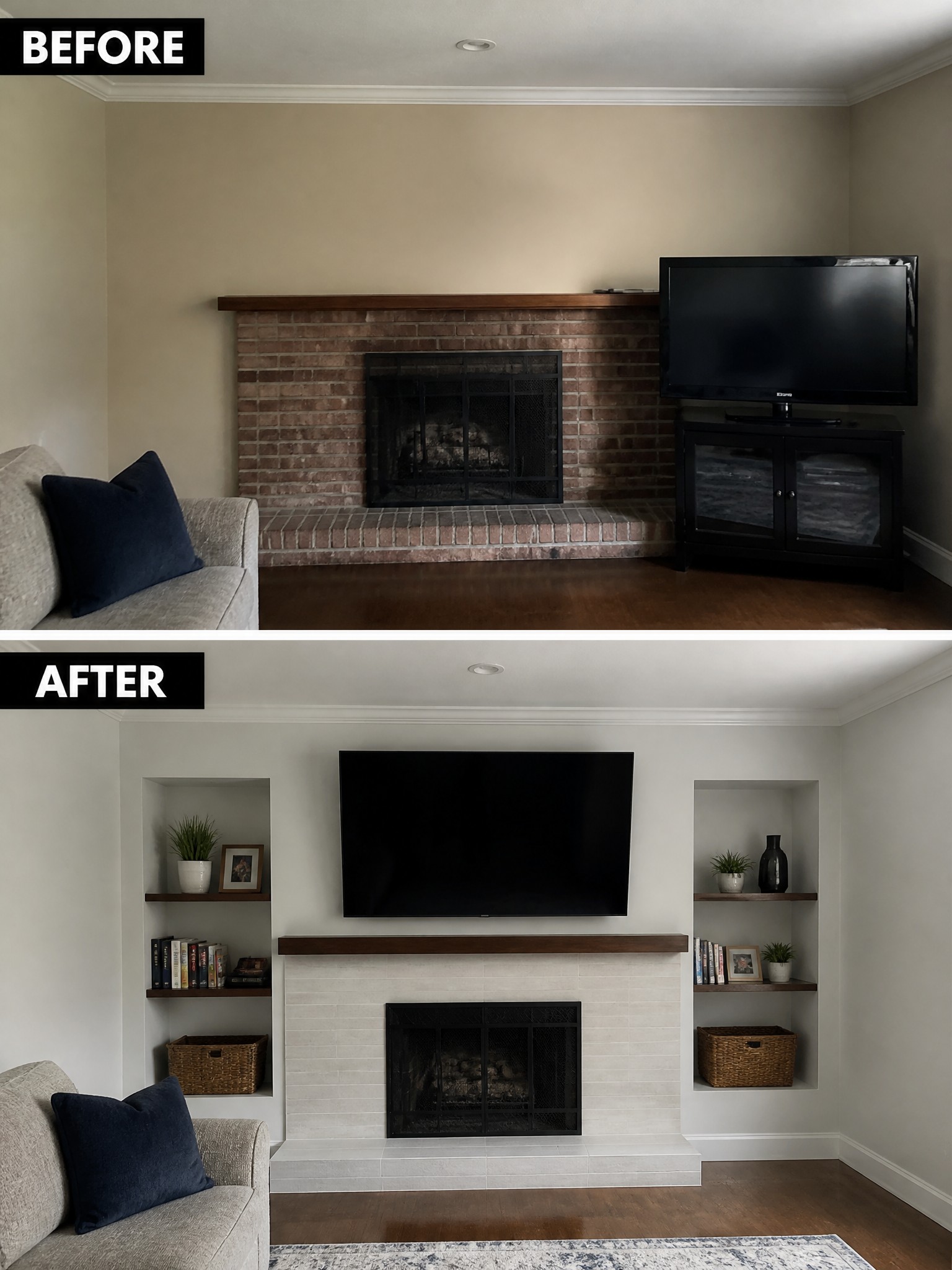 Before and after view of a living room, featuring a revamped fireplace and shelves.