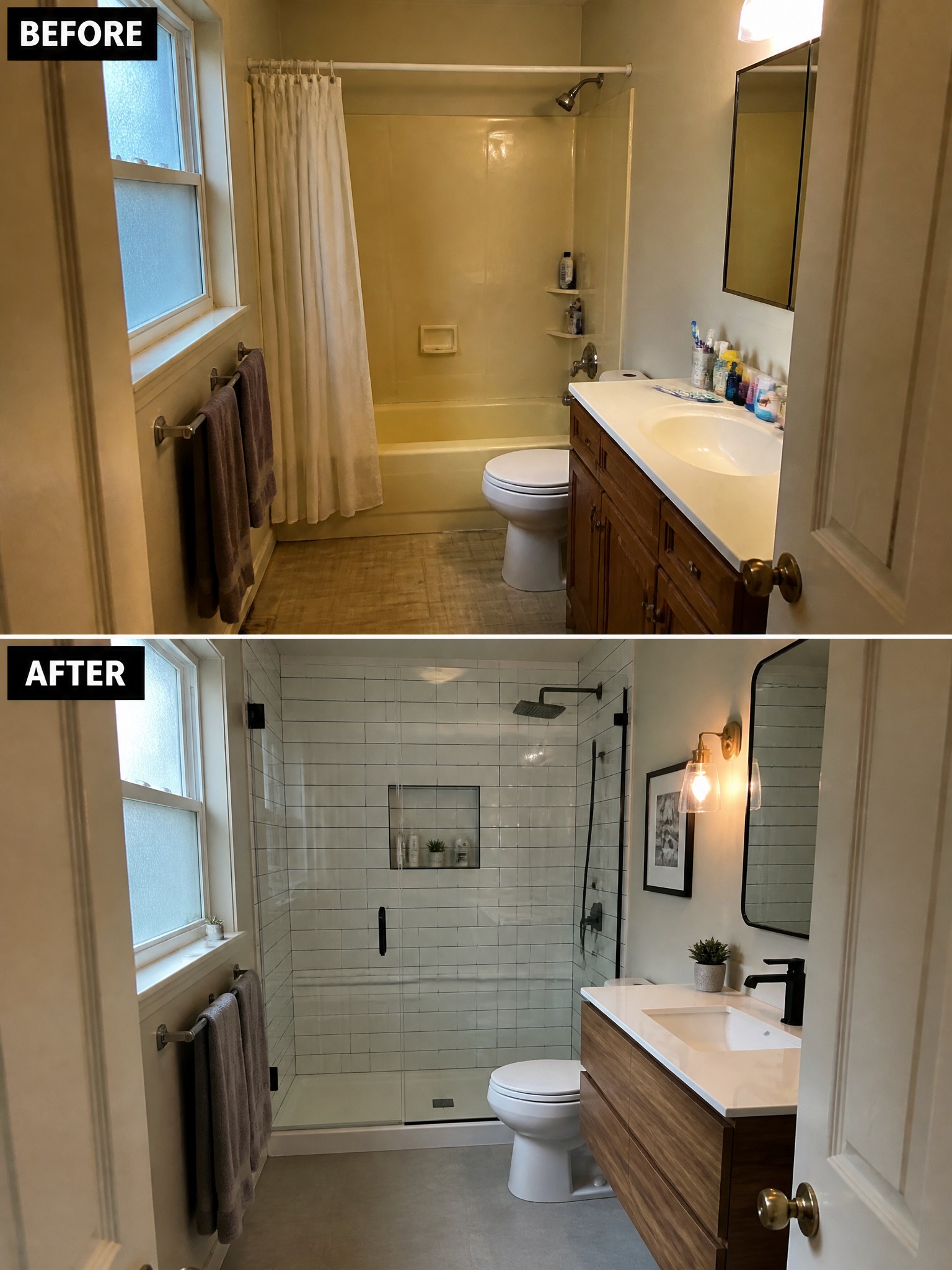 Side-by-side bathroom renovation showing a dated design transformed into a modern, sleek space.