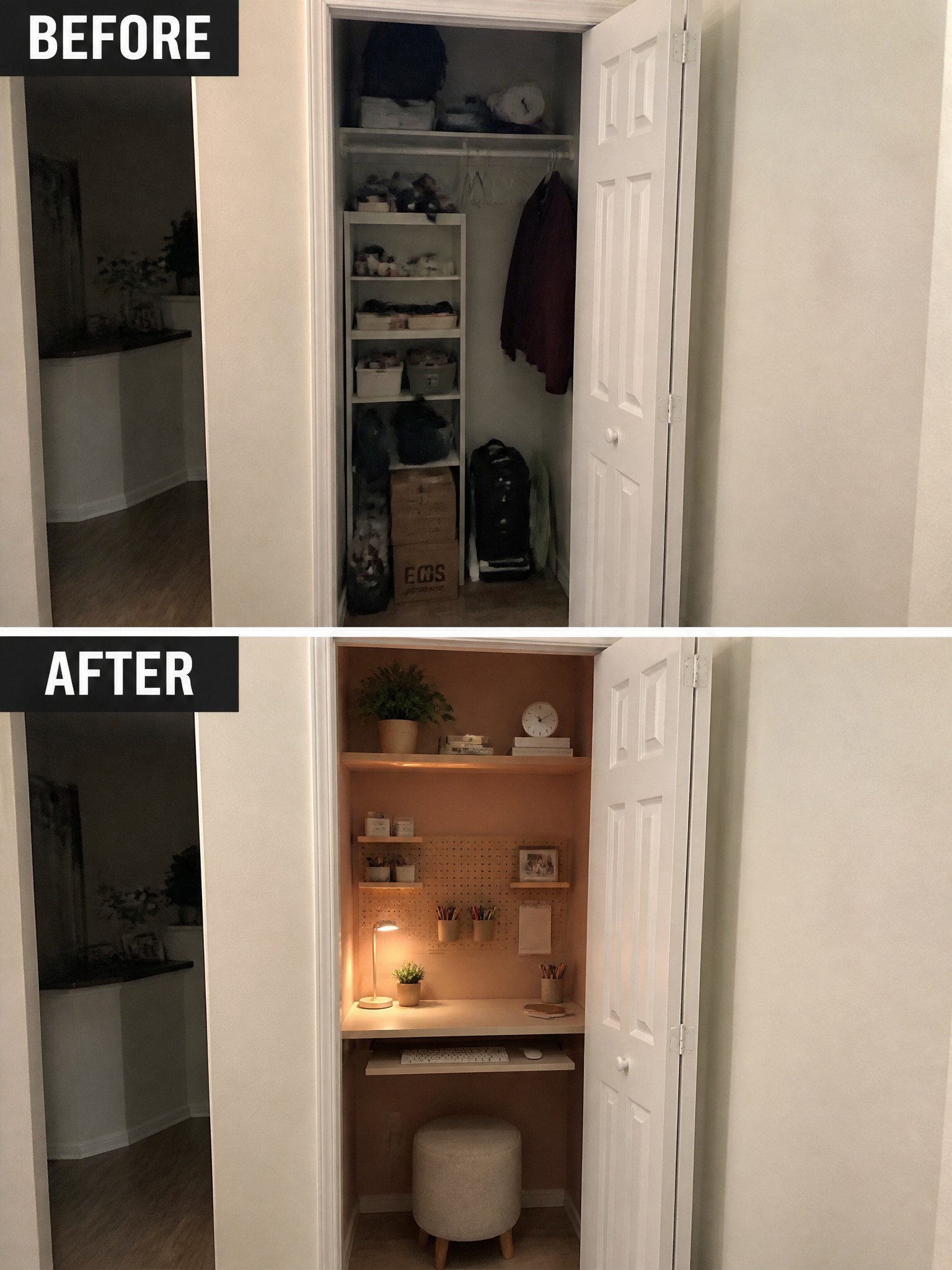Before-and-after image of a cluttered closet converted into an organized workspace with a desk, pegboard, shelves, and a stool.