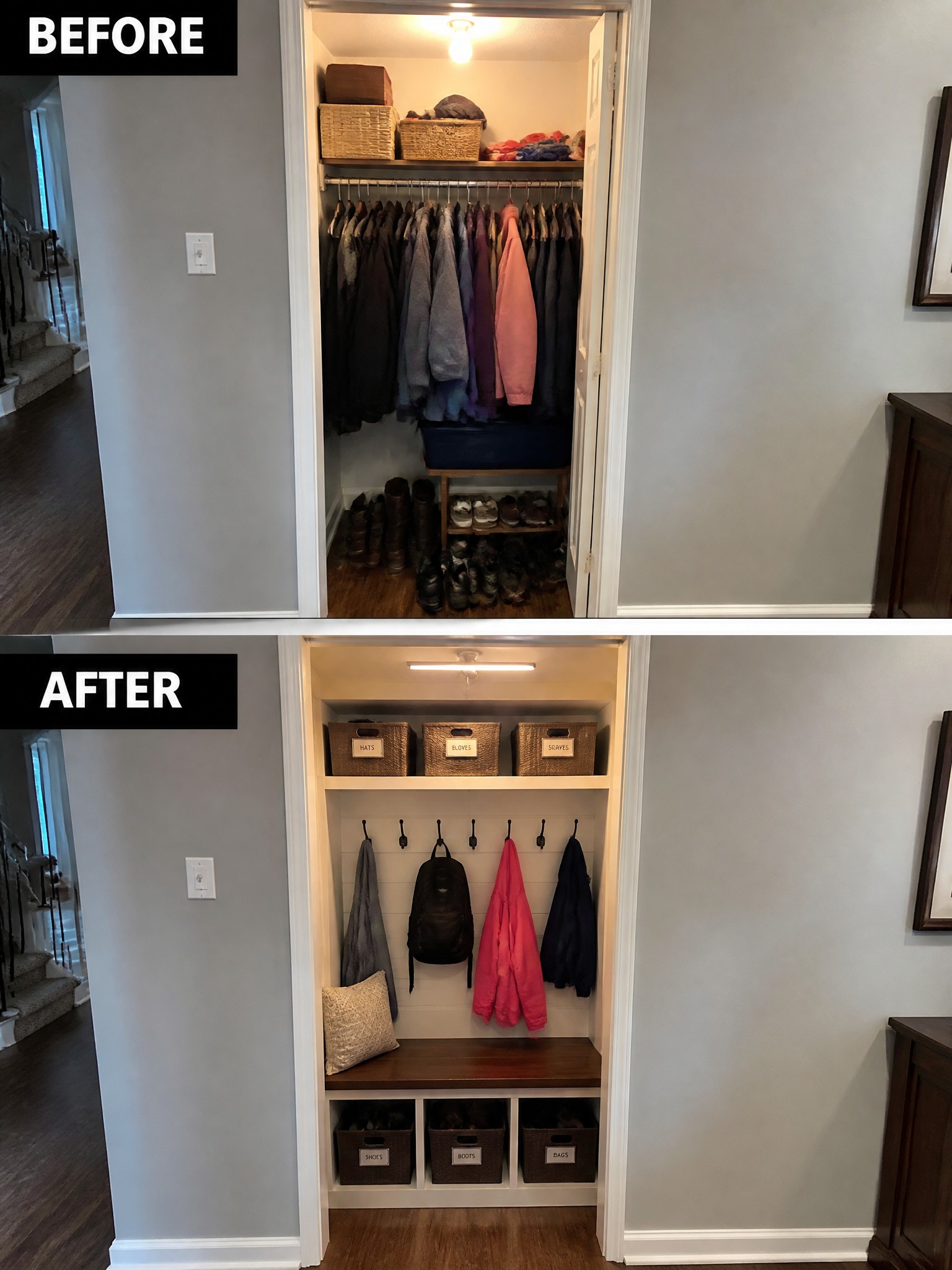 Before and after closet transformation: organized clothes, bins, and hooks in neutral tones.