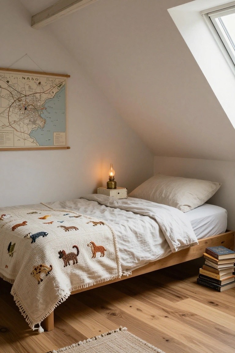 Small wooden bed in an attic room with white sloped ceilings and skylights, covered by a cream quilt embroidered with colorful animals, next to a brass oil lamp on a wooden box and a stack of books on the floor.