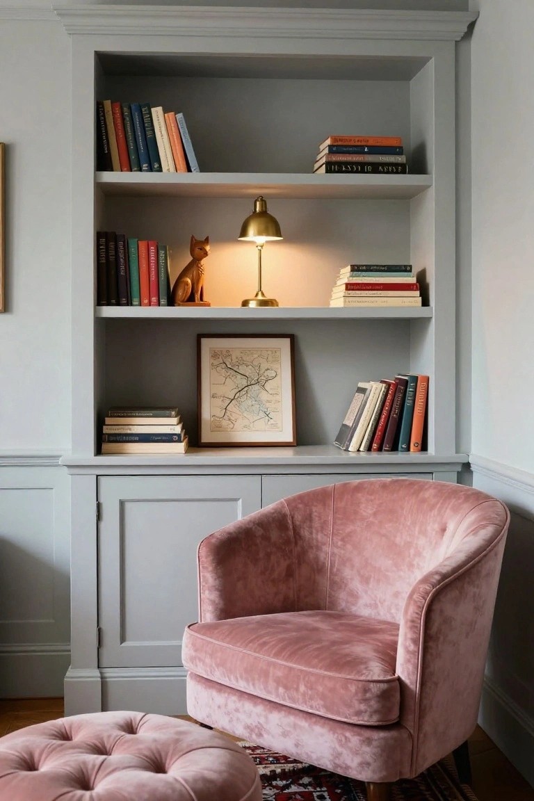 Gray built-in bookshelves with books, a brass desk lamp, orange cat figurine, and framed map in a corner room next to a pink velvet tub chair and matching pouf on a wood floor with a patterned rug.