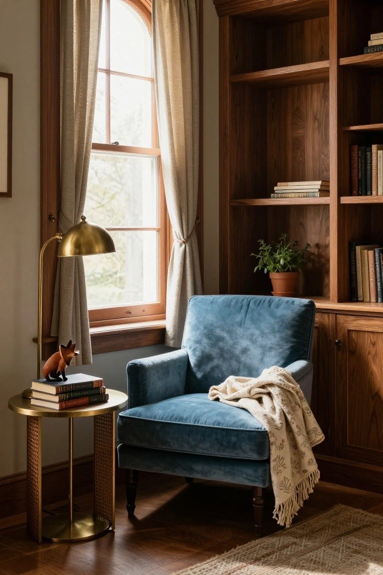 Wood-paneled room with built-in bookshelves, blue velvet armchair draped with a light throw, brass side table topped with books and a fox figurine, potted plant on shelf, brass floor lamp, and large arched window with sheer curtains.