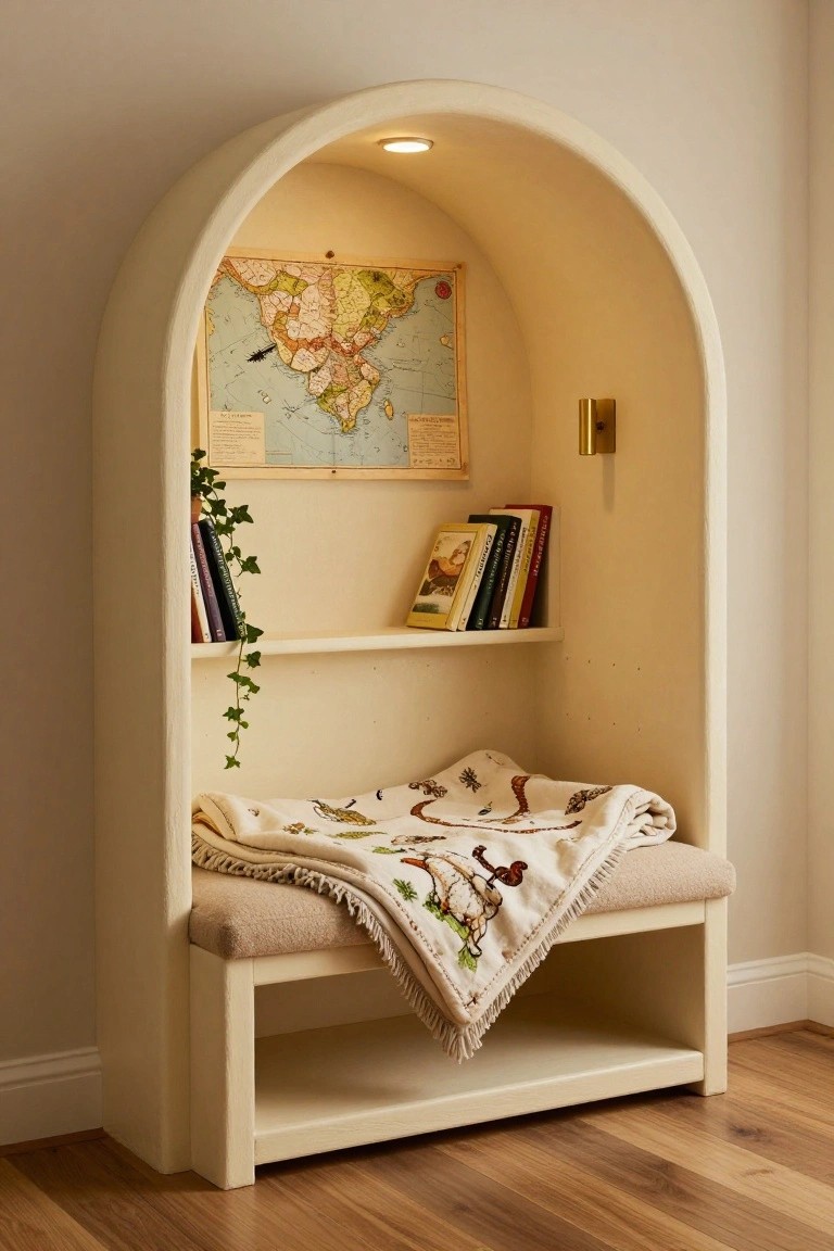 Cream-colored arched built-in reading nook with bookshelves holding books and plants, a world map on the wall, recessed ceiling light, gold wall sconce, cushioned bench with patterned blanket, ivy vines, and wooden floors in a light room.