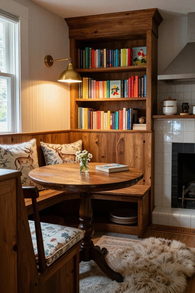Cozy nook with wooden furniture, colorful bookshelves, floral pillows, and a round table.