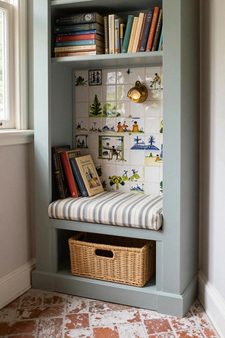 Pale green built-in bookshelf unit with books on upper shelves, striped cushioned bench in lower alcove backed by colorful hand-painted tiles depicting figures and landscapes, wicker basket in bottom shelf, beside a window on brick floor.