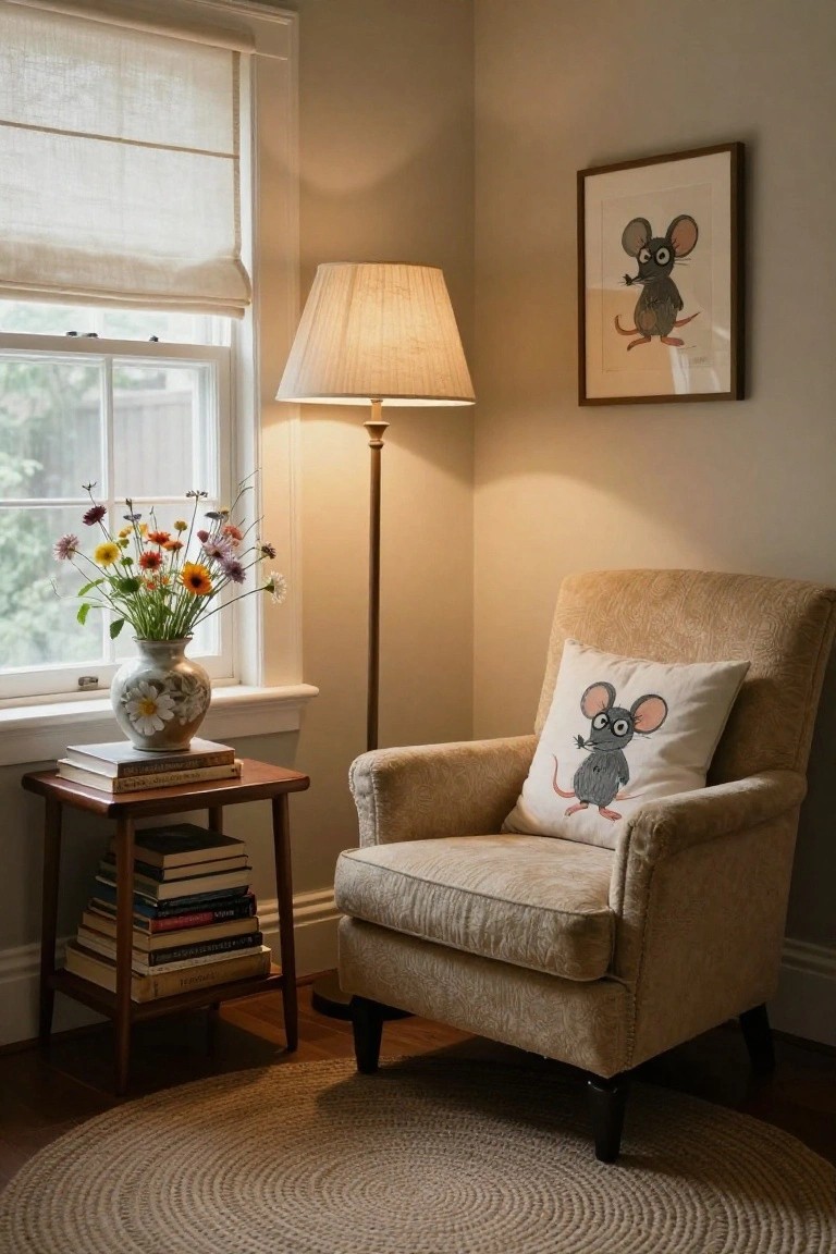 Beige upholstered armchair with white pillow showing cartoon mouse next to wooden side table with stacked books and ceramic vase of mixed wildflowers, floor lamp, linen window shade, and framed mouse drawing on light gray wall.