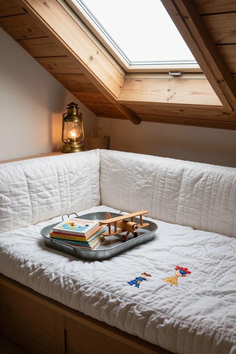 Wooden attic room with corner built-in daybed covered in white quilted bedding embroidered with figures, metal tray on bed holding stacked children's books and wooden toy airplane, oil lantern on shelf, skylight above.