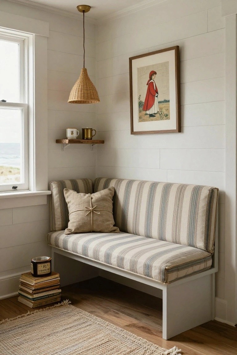 Corner window bench with beige and blue striped cushions and a tied linen pillow, next to white shiplap walls, a woven pendant light, floating wood shelf with ceramic cups, framed painting of a girl in red cape, stack of books, candle, and seagrass rug on wood floor with ocean view through window.