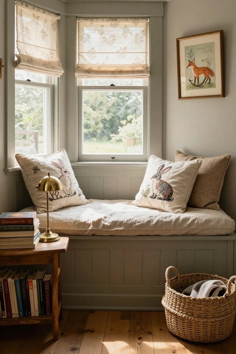 Built-in gray window bench with white cushions featuring embroidered rabbit and fox designs, brass lamp, stacked books on wooden side table, wicker basket with blanket, sheer shades on corner windows overlooking garden, light wood floors.
